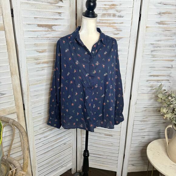 SUNDANCE Women's Large Floral Poppy Bloom Bounce Cotton Popover Button Top Navy - Picture 3 of 14